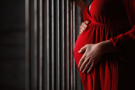 A dramatic close-up of a pregnant woman's torso. She is wearing a vibrant red dress and holding her belly while standing next to the dark bars of a jail cell.の素材