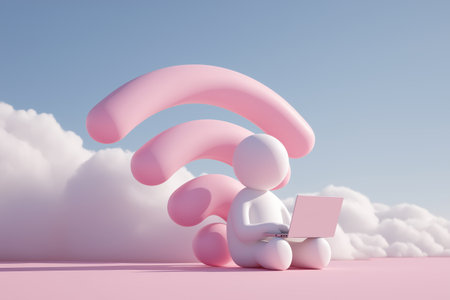 A 3D character sits with a laptop next to a giant pink Wi-Fi symbol, representing wireless technology, internet connection, and modern business communication.の素材