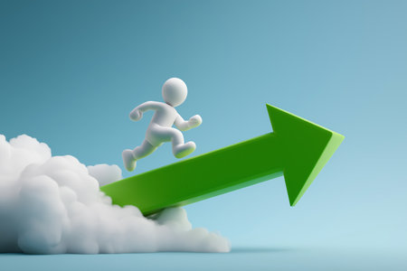 A 3D person runs up a large green arrow that is ascending into the clouds. This illustrates growth, progress, success, and positive forward momentum.の素材
