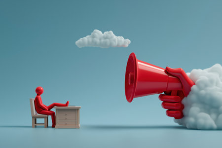 A red figure sits at a desk while a giant hand from a cloud yells through a megaphone, symbolizing boss pressure, deadline, stress, and communication.の素材