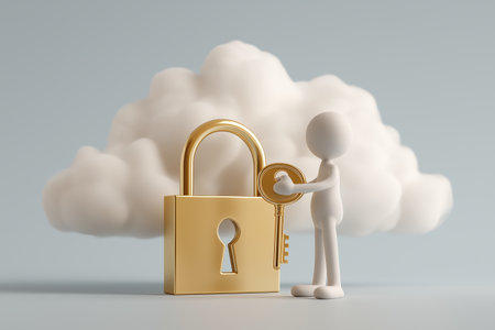 A 3D figure holds a large golden key, about to unlock a matching padlock in front of a cloud. This represents security, finding solutions, and access.の素材
