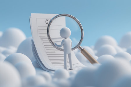 A 3D character uses a large magnifying glass to inspect a CV or resume document among the clouds, symbolizing job searching, recruitment, and hiring.の素材
