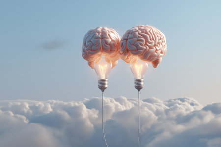 Two brains connected to light bulbs float in the sky like hot air balloons, symbolizing the power of shared ideas, collective creativity, and joint innovation.の素材