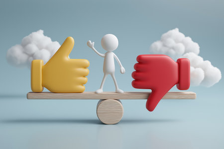 A 3D character stands on a wooden seesaw, balancing a large yellow thumbs-up and a red thumbs-down, symbolizing feedback, decision-making, and balance.の素材