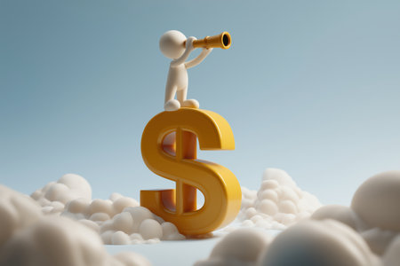 A 3D character stands on a large golden dollar symbol in the clouds and looks through a telescope, symbolizing financial forecasting, and business vision.の素材