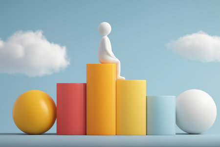 A character sits on the highest bar of a colorful chart, representing data analysis, market leadership, and the evaluation of business performance results.の素材