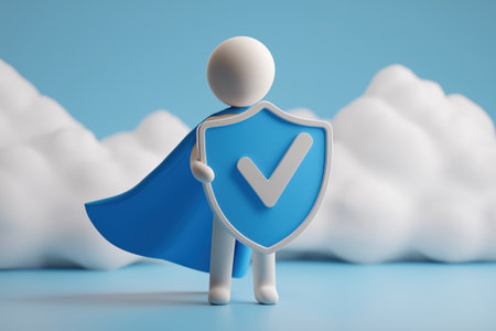 A 3D superhero figure with a flowing blue cape stands proudly, holding a large shield that has a white check mark on it. Represents protection and security.の素材