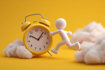 A 3D figure is in a hurry, running alongside a large yellow alarm clock, symbolizing the race against time, deadlines, and the pressure of a schedule.の素材
