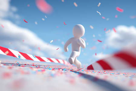 A character joyfully runs through a red and white finish line tape with colorful confetti falling, celebrating victory, success, and the completion of a goal.の素材