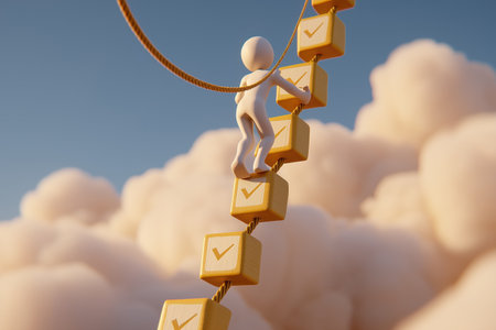 A person climbs a winding staircase of yellow boxes, each with a checkmark, using a rope for support. A metaphor for completing tasks and step-by-step progress.の素材