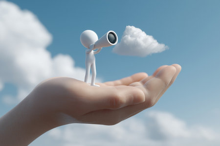 A small character stands in the palm of a large hand and looks through a telescope at a single cloud, symbolizing focused vision, support, and guidance.の素材