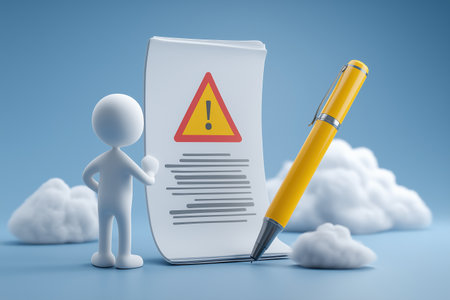 A 3D character stands beside a large document that features a prominent yellow and red warning triangle symbol, representing rules, regulations, and important notices.の素材