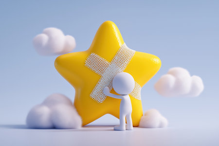 A 3D figure lovingly places a bandage on a big yellow star. This sweet image symbolizes healing, repair, restoring reputation, and customer care.の素材