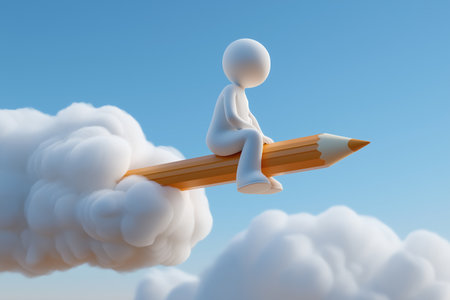 A 3D character sits on a large pencil that flies like a rocket through the sky, symbolizing creativity, imagination, and the power of ideas or writing.の素材