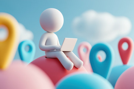 A character works on a laptop while sitting among numerous colorful map location pins, representing remote work, digital nomad life, or a global business network.の素材