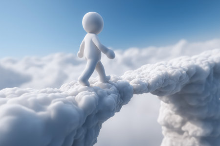 A character walks across a precarious bridge made entirely of clouds, connecting two cloud banks, symbolizing a journey through uncertainty, faith, and dreams.の素材