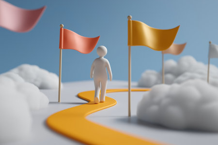 A character walks along a winding yellow road marked by colorful flags, symbolizing a journey, career path, progress, and reaching milestones.の素材