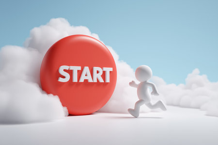 A 3D figure runs towards a giant red "START" button emerging from the clouds. Represents initiative, a new beginning, and taking the first step.の素材