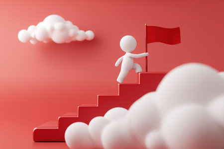 A character climbs a red staircase into the clouds while holding a red flag, representing the ascent to success, achieving goals, and overcoming challenges.の素材