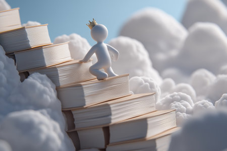 A 3D person wearing a gold crown climbs a staircase made of stacked books, high in the clouds. Symbolizes that knowledge leads to mastery and success.の素材