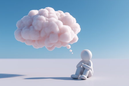 A 3D figure sits in a thoughtful pose with a pink thought bubble cloud above its head, representing thinking, dreaming, imagination, and contemplation.の素材