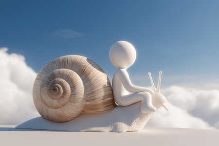 A 3D character sits patiently on the back of a large snail, moving slowly across the clouds, symbolizing patience, slow progress, or taking a relaxed approach.の素材