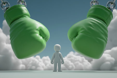 A tiny character stands bravely between two huge green boxing gloves hanging from chains, symbolizing facing a major challenge, competition, or conflict.の素材