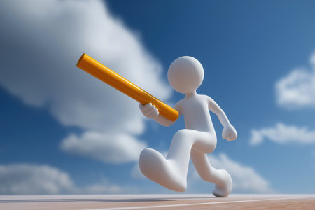 A 3D person is running, holding a golden baton as if in a relay race. This represents teamwork, passing on responsibility, and collaboration towards a common goal.の素材