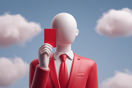 A faceless businessman in a red suit and tie holds up a red card, symbolizing a penalty, expulsion, or a major warning in a corporate environment.の素材