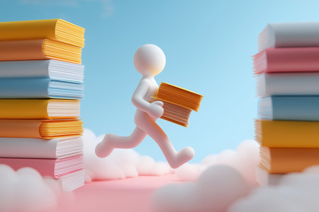 A stylized white figure runs through a surreal landscape of clouds and book stacks, carrying books, symbolizing the pursuit of knowledge and education.の素材