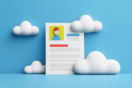 A curriculum vitae or resume document with a profile picture is displayed against a blue background with cartoonish clouds, representing a digital CV or online job search.の素材