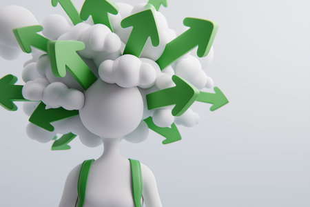A 3D character has a cloud for hair, with multiple green arrows emerging from it and pointing in various directions, symbolizing choices, opportunities, or confusion.の素材