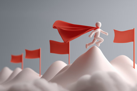 A 3D superhero in a red cape runs and jumps over a series of hills, each marked with a red flag. Represents overcoming multiple obstacles to achieve goals.の素材