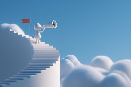 A 3D character stands at the top of a stairway in the clouds, looking through a telescope towards the future, symbolizing vision, planning, and exploration.の素材