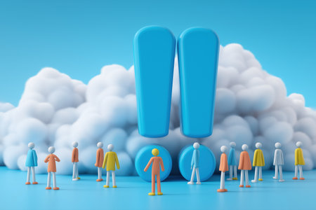 A group of colorful, diverse characters stands before two large blue exclamation marks, representing an important announcement, warning, or surprising event.の素材