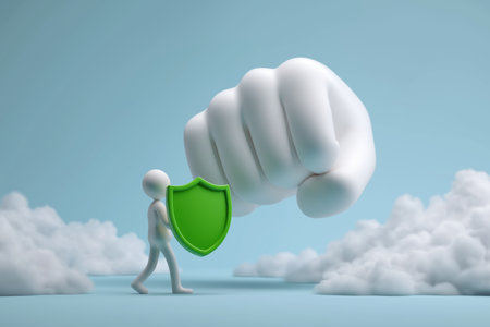 A 3D character bravely holds up a green shield to defend against a giant white fist, symbolizing protection, security, and defense against a powerful threat.の素材