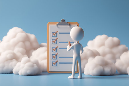 A character stands in front of a large clipboard and ticks off items on a long checklist, symbolizing productivity, task management, and organization.の素材