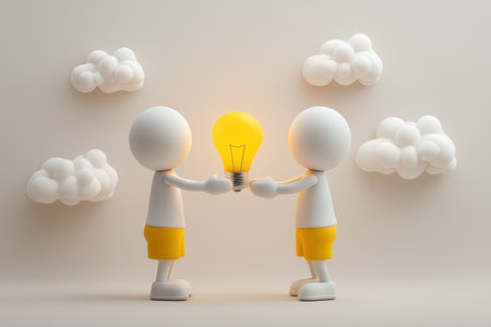 Two characters work together, holding up a single glowing yellow lightbulb, representing teamwork, brainstorming, and collaborative innovation.の素材