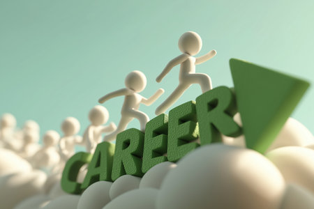 A group of characters runs along the top of the green word 'CAREER', which is shaped like an upward arrow, symbolizing professional growth and advancement.の素材