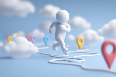 A 3D character runs along a winding path marked by colorful location pins, symbolizing a journey, following a route, or progress towards a destination.の素材