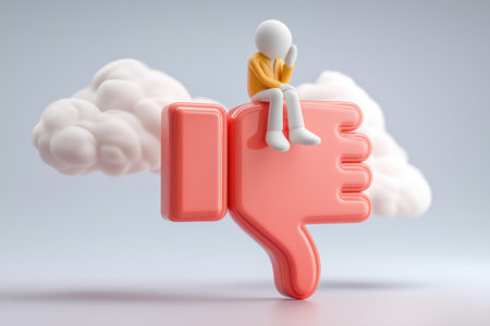 A dejected character in a yellow jacket sits on a large red thumbs-down (dislike) icon, floating in the clouds, representing negative feedback or failure.の素材