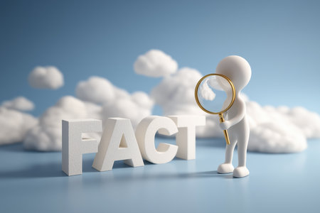 A person uses a golden magnifying glass to closely inspect the word 'FACT', made of stone-like letters, emphasizing the importance of fact-checking and truth.の素材