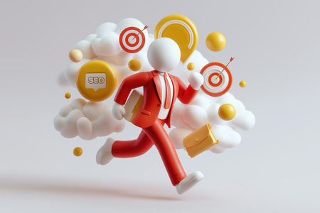 A dynamic 3D businessman in a red suit runs surrounded by SEO, target, and location icons, representing digital marketing, strategy, and achieving goals.の素材