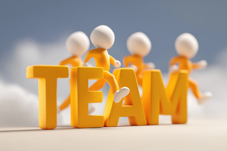 A team of four yellow characters runs in a line over the top of the large yellow letters spelling 'TEAM', symbolizing fast-paced teamwork and progress.の素材