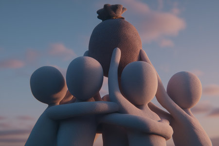 A group of four abstract figures made of fabric texture collaborated to hold up a large money bag against a sunset sky, symbolizing collective financial success.の素材