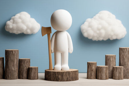 An abstract white figure with an ax stands on a tree stump, surrounded by other stumps and clouds, symbolizing deforestation and environmental issues in business.の素材