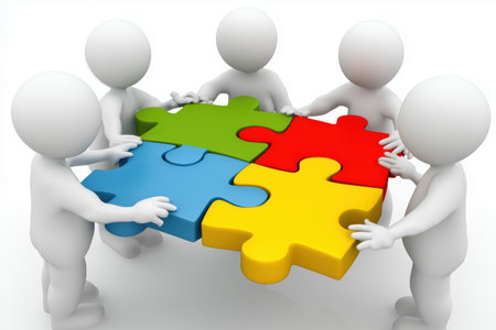 A team of five abstract white figures works together to assemble a large, colorful four-piece jigsaw puzzle, symbolizing teamwork, collaboration, and strategy.の素材