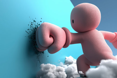 A business concept of strength, determination, and breaking barriers. A cute but strong pink character punches a hole through a blue wall into the sky and clouds.の素材