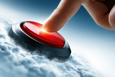A finger is about to press a large, glowing red button set in a snowy or cloudy landscape, symbolizing an urgent decision, a launch, or a critical action.の素材