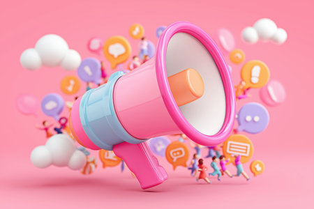 A large pink megaphone is surrounded by speech bubbles, social media icons, and small figures, illustrating the concept of digital marketing and promotion.の素材
